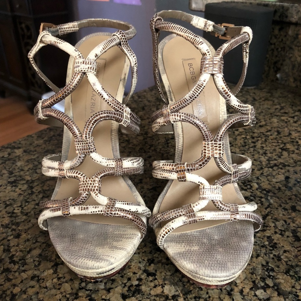 Rose gold gold brown snake skin look bcbg heels
